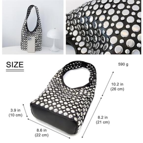 Y2K Hobo Shoulder Bag Punk Studded Top Handle Bag for Women Tote Handbag Black - Picture 2 of 7